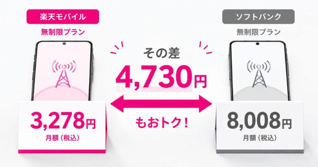 楽天モバイルとソフトバンクの無制限プランの月額料金を並べて比較したイメージ