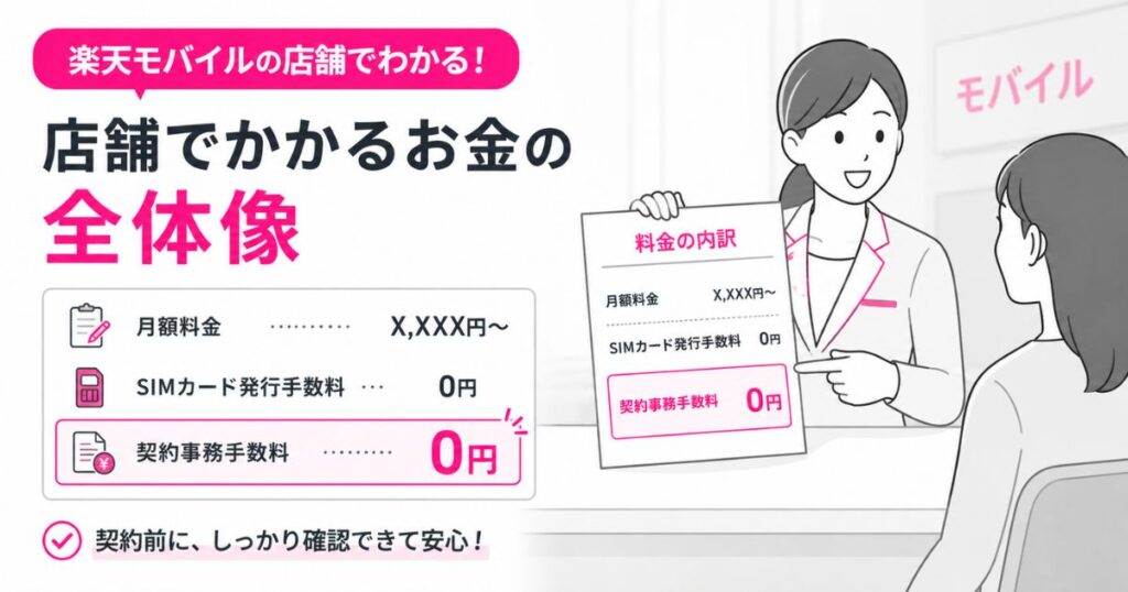 楽天モバイルの店舗で契約事務手数料0円の内訳を確認している様子
