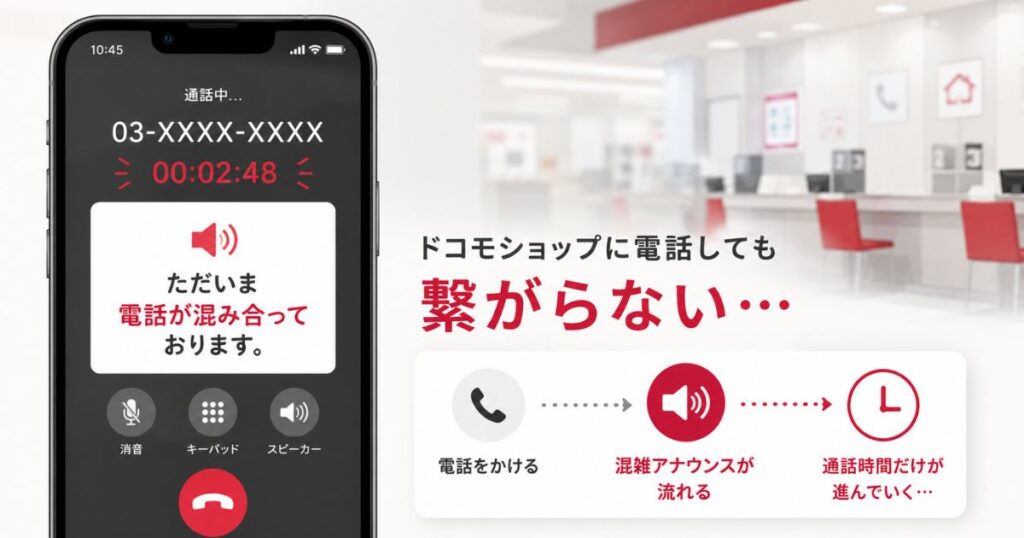 ドコモショップに電話しても繋がらず混雑アナウンスが流れているスマホの通話画面