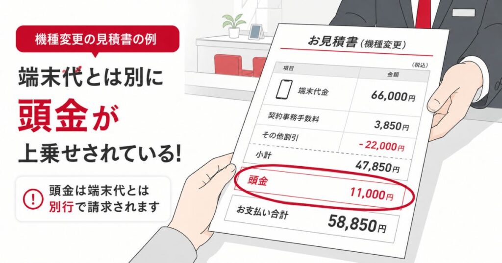 ドコモショップの機種変更の見積書で端末代と別に頭金が上乗せされている様子