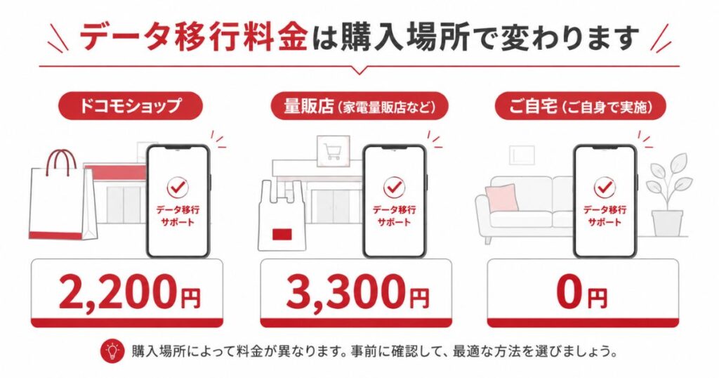 ドコモショップのデータ移行料金が購入場所によって2200円3300円0円に分かれる比較図