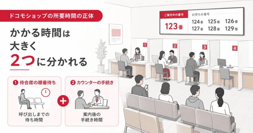 ドコモショップの待合席とカウンターが並ぶ店内の様子