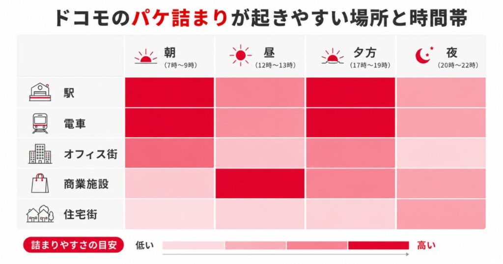 ドコモのパケ詰まりが起きやすい場所と時間帯の関係を示したマス目の図