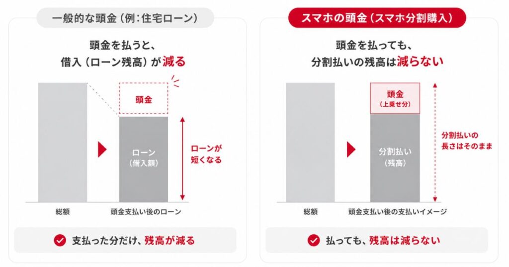 一般的な頭金とスマホの頭金の仕組みの違いを棒グラフで比べた図