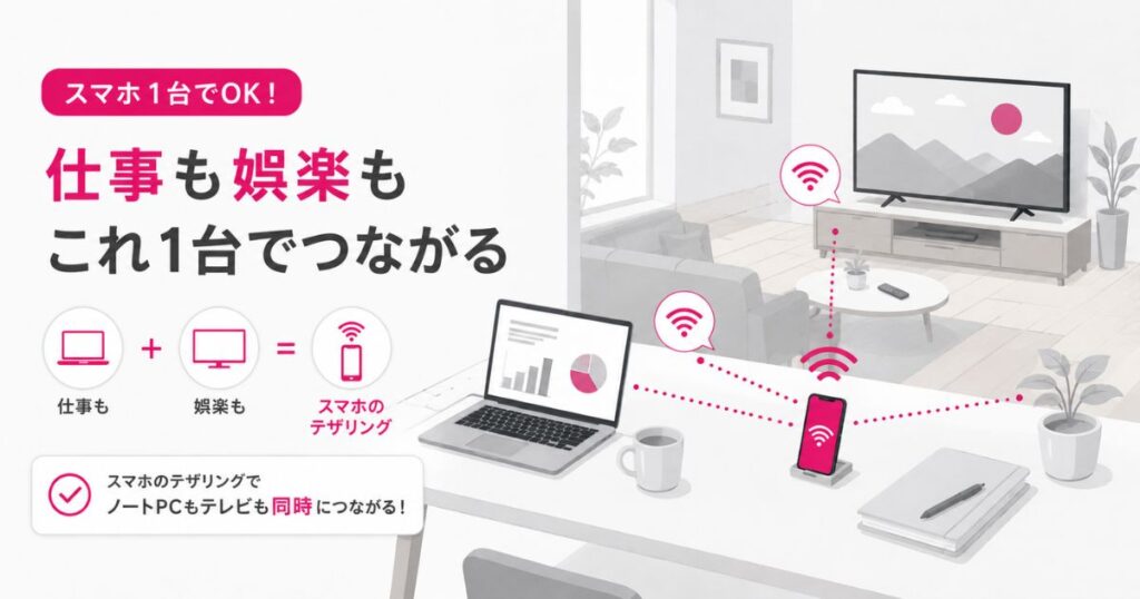 スマホのテザリングでノートパソコンとテレビを同時にインターネットへつないでいる部屋の様子