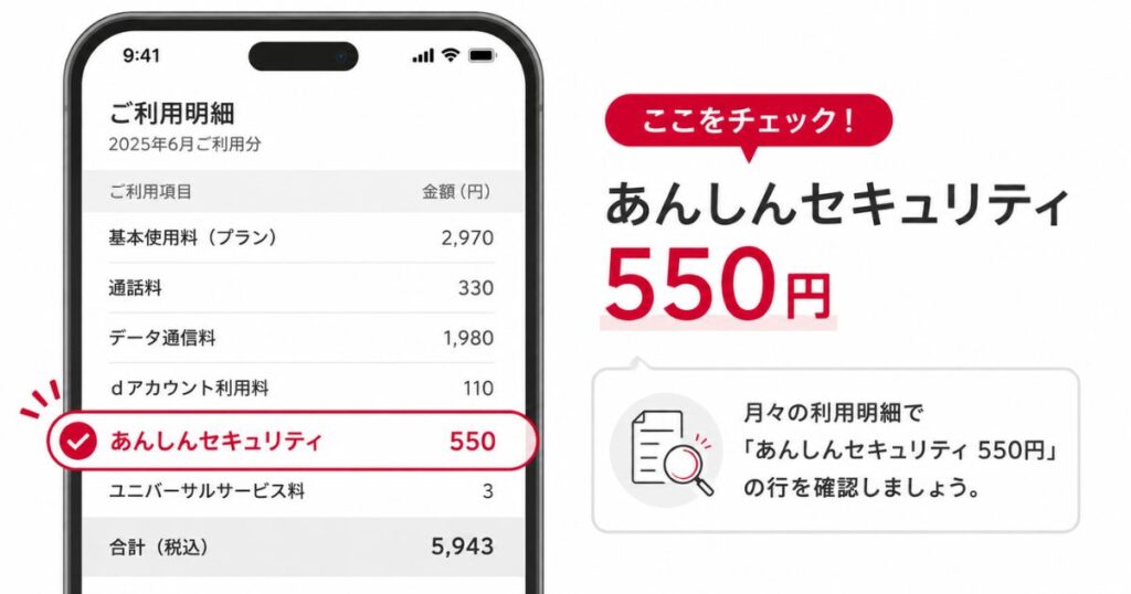 ドコモの明細であんしんセキュリティ550円の行を確認しているスマホ画面