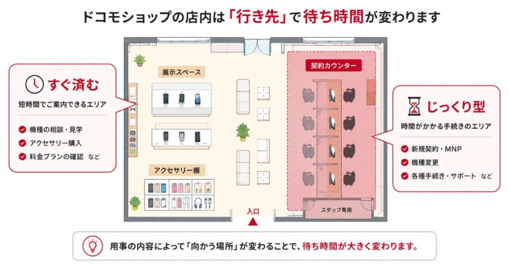 ドコモショップの店内で予約なしでもすぐ済む場所と時間のかかる契約カウンターを塗り分けた平面図