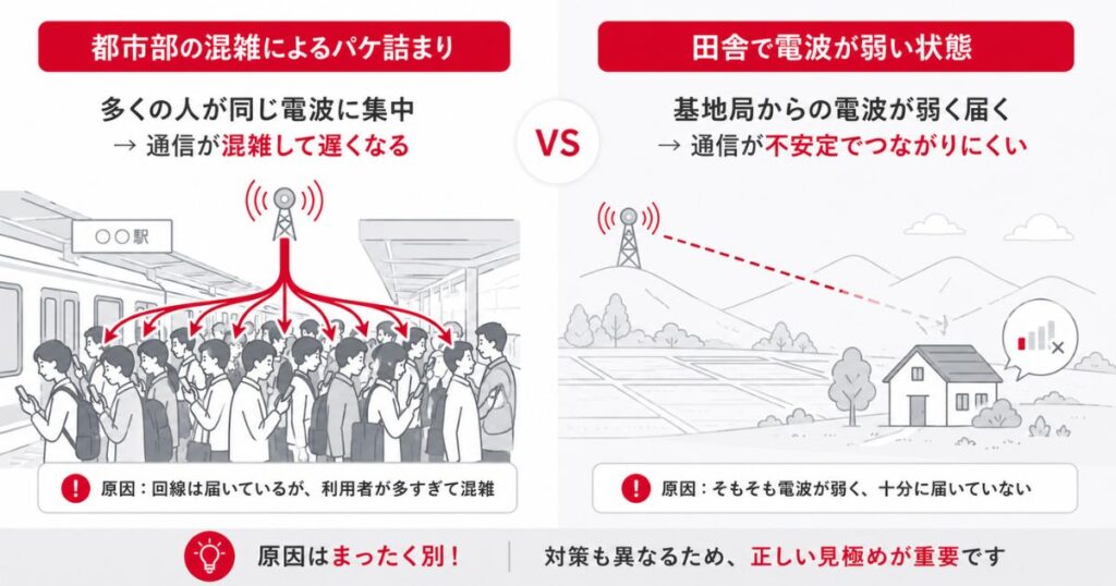 都市部の混雑によるパケ詰まりと田舎で電波が弱い状態の違いを並べた対比図