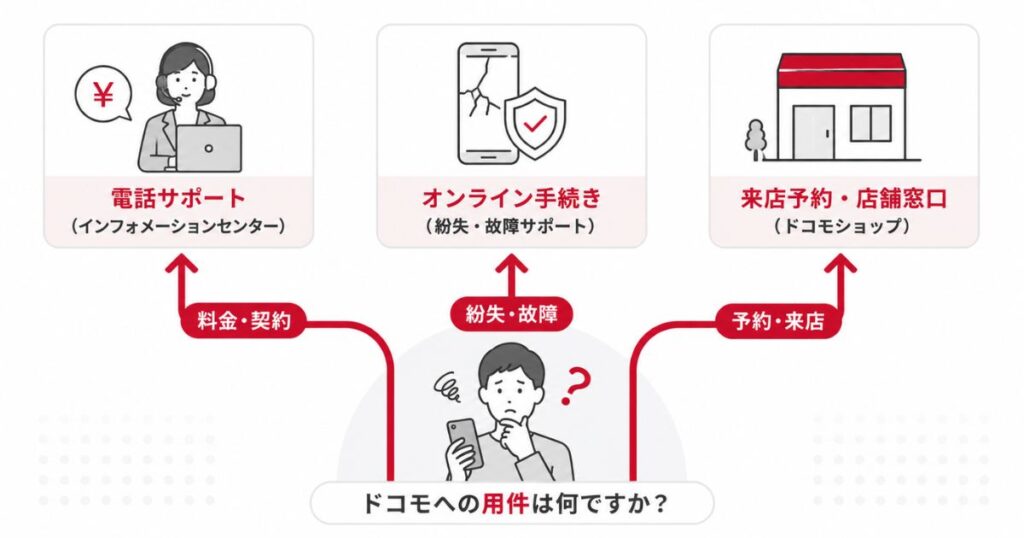 ドコモへの用件別に問い合わせ先が枝分かれする流れを示した図