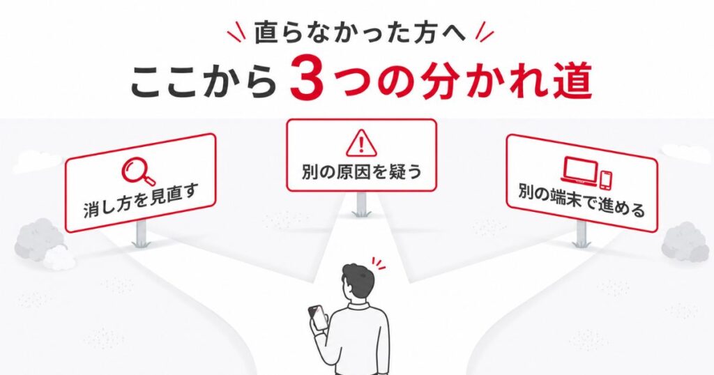 ドコモオンラインショップのクッキー削除で直らないときの3つの分かれ道を示したイラスト