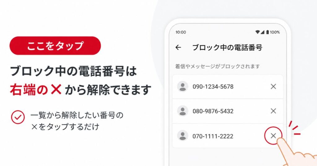 Androidの電話アプリでブロック中の電話番号をバツ印から解除する画面