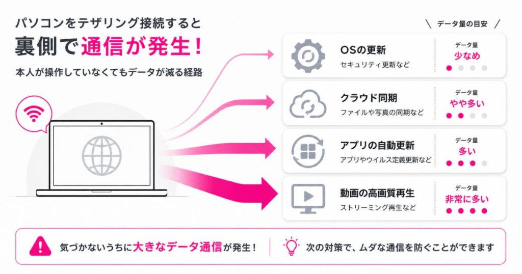 パソコンをテザリング接続したときに裏側で通信が発生する経路を示した概念図