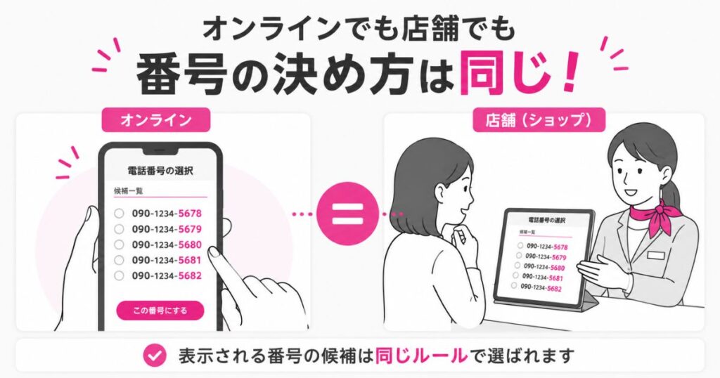 楽天モバイルの番号選びをオンラインと店舗で並べて比べたイメージ