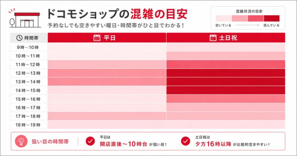 ドコモショップが予約なしでも空きやすい曜日と時間帯を色の濃淡で表した混雑の目安表