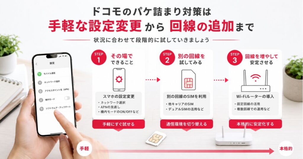 ドコモのパケ詰まり対策を手軽な設定変更から回線の追加まで段階的に並べた様子