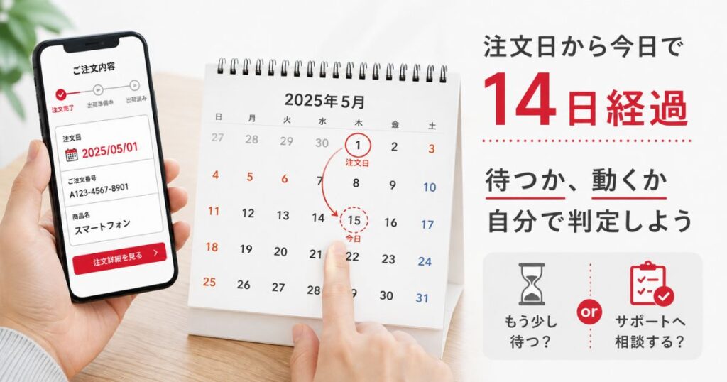 ドコモオンラインショップの注文画面とカレンダーを見比べて経過日数を数えている手元