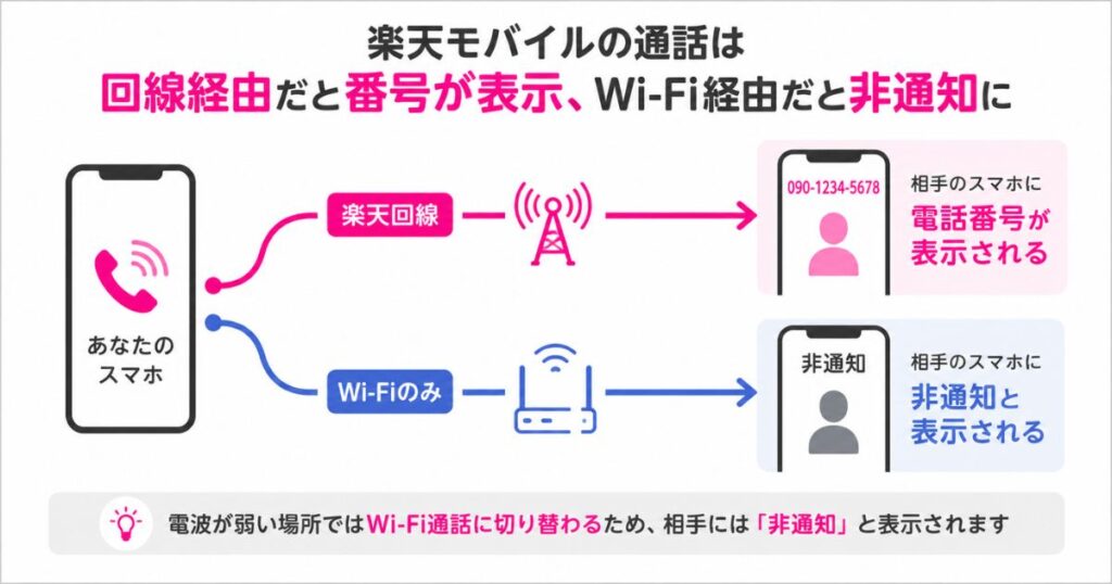 楽天モバイルの通話が回線経由とWi-Fi経由で相手への表示が変わるしくみの図