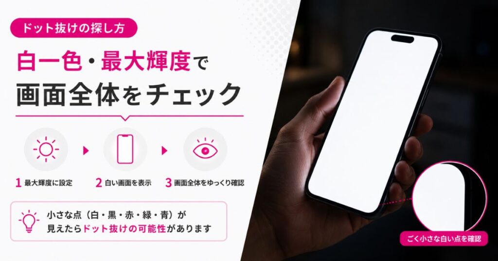 白い背景を最大輝度で表示してドット抜けを探すスマートフォンの画面