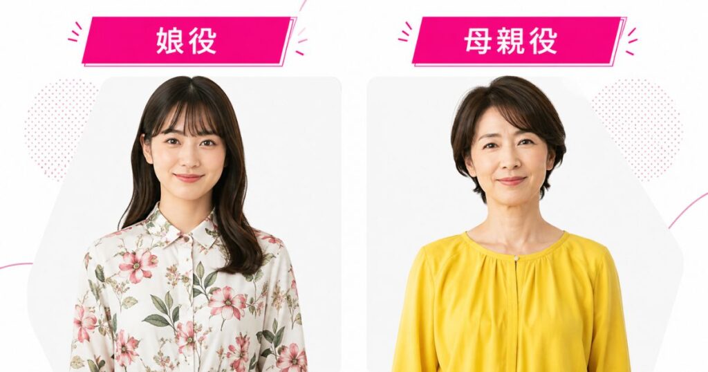 楽天モバイルCMで娘役と母親役を務めた2人の立ち位置を並べたイメージ