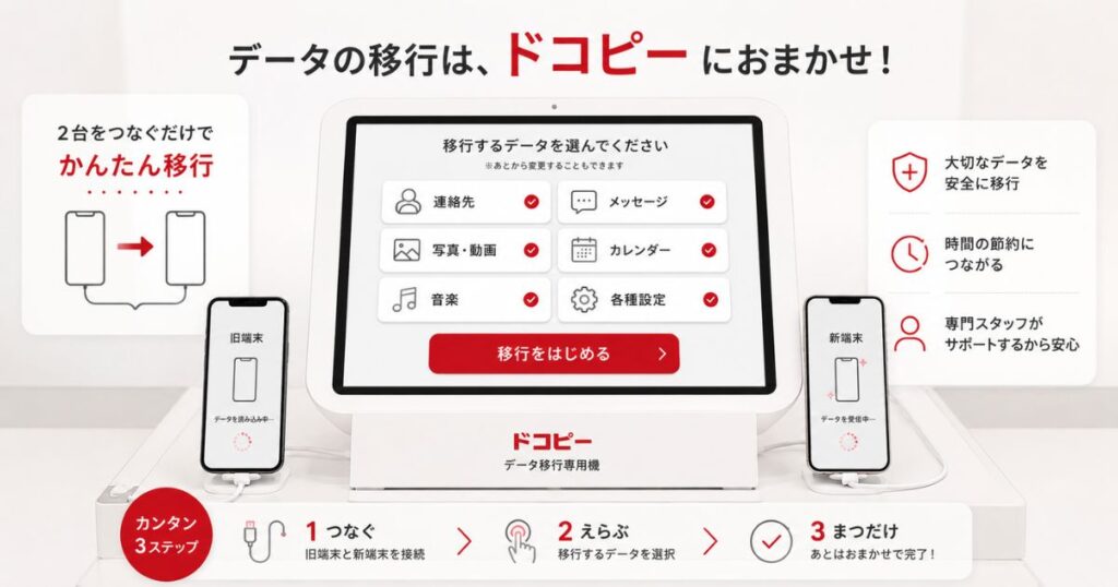 ドコモショップに設置されたデータ移行専用機のドコピーで2台のスマホをつないだ様子