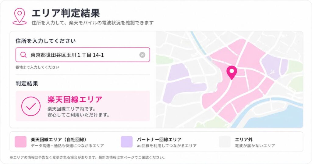 住所を入力して楽天モバイルの電波状況を判定した結果画面のイメージ