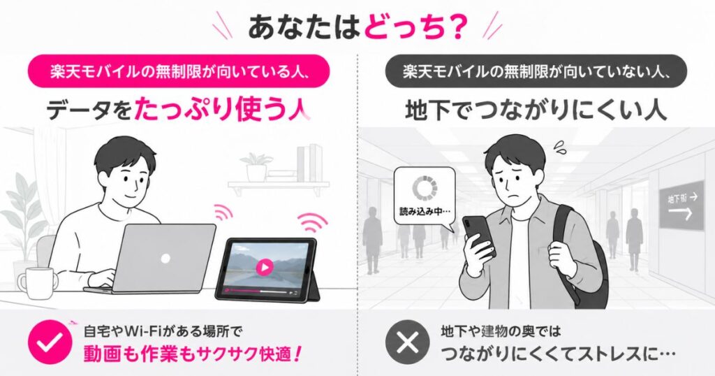 楽天モバイルの無制限が向いている大容量利用の人と向いていない地下利用の人の対比イラスト