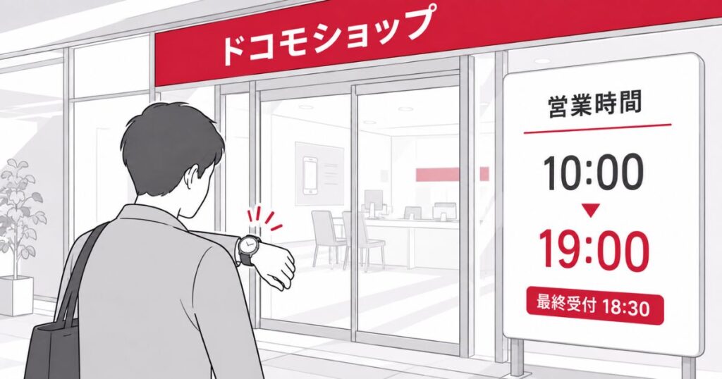 閉店時刻を気にしながらドコモショップに入ろうとする人の後ろ姿