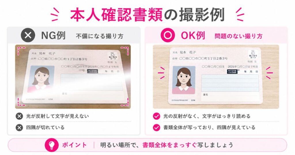 楽天モバイルの本人確認書類で不備になる撮影例と問題のない撮影例の比較